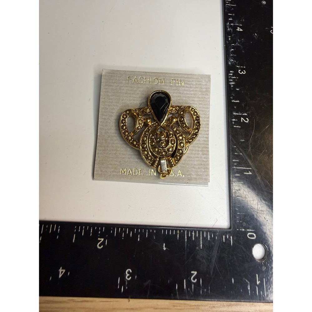 Vintage Gold Tone Art Deco Style Black Teardrop Rhinestone Fashion Pin USA Made